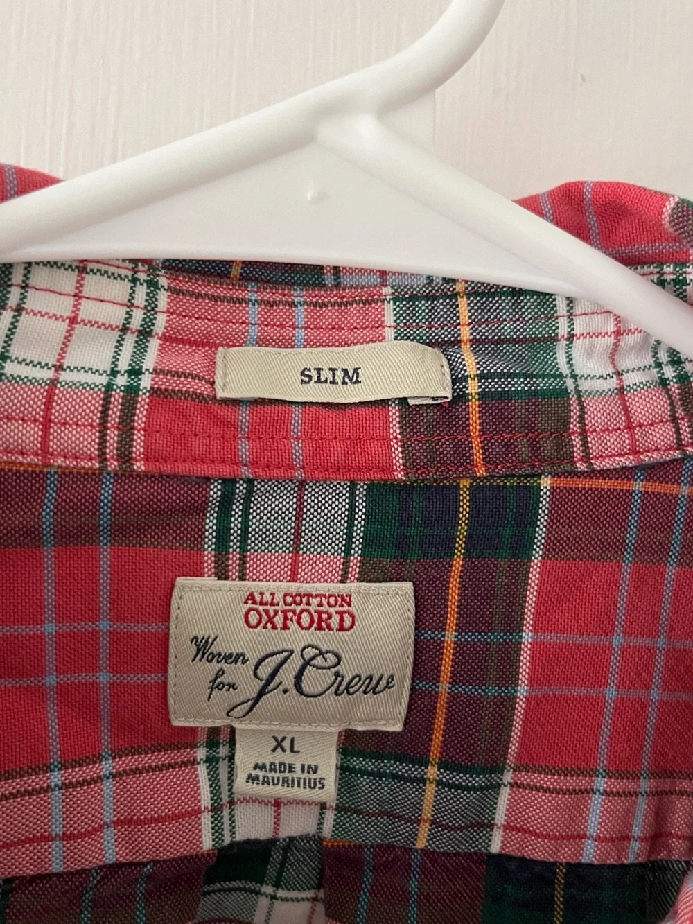 J. Crew Men’s All Cotton Oxford Button Down  Slim Fit Plaid Red White Green XL
